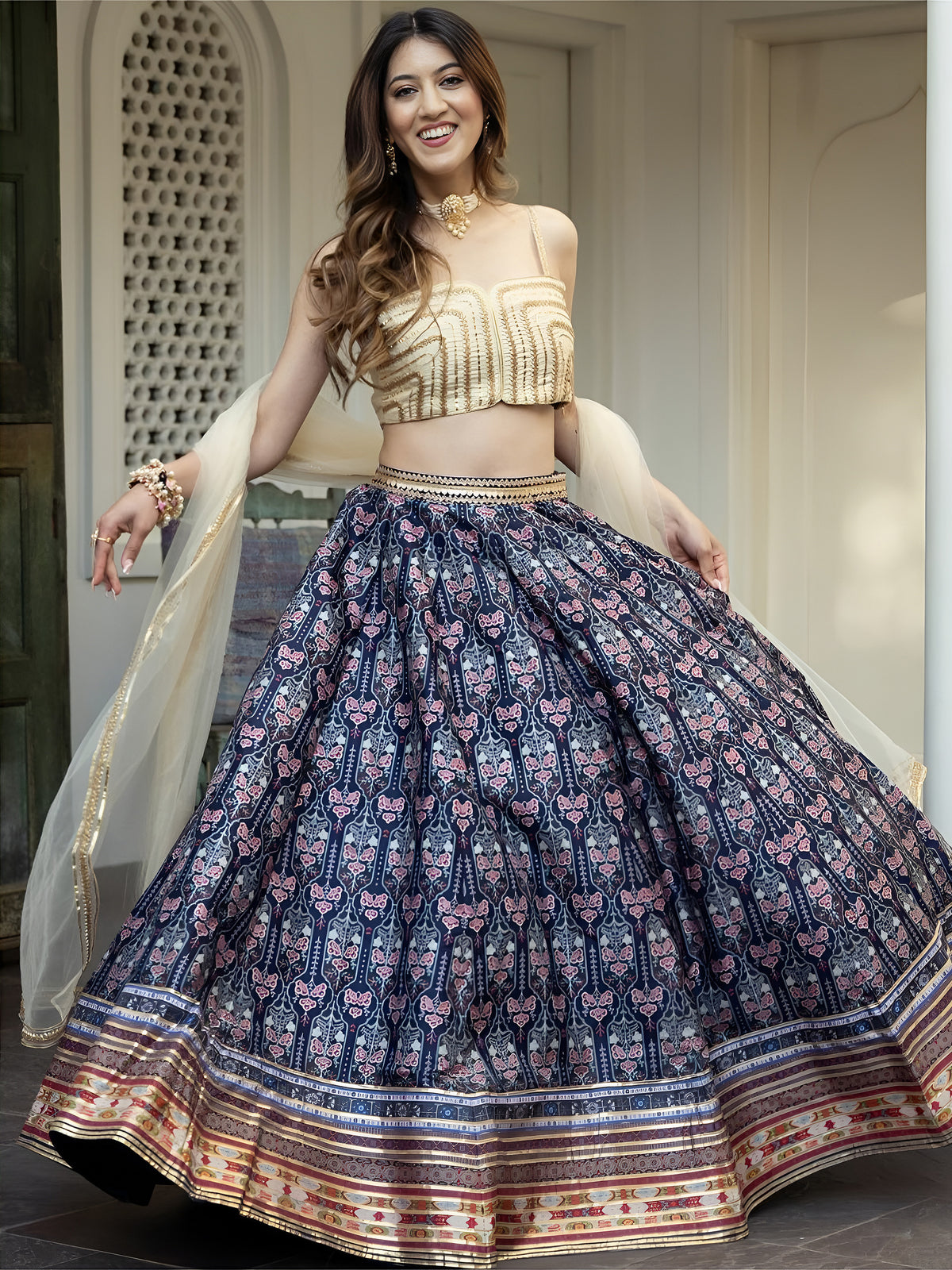 Navy Blue Floral Printed Lehenga Choli with Dupatta