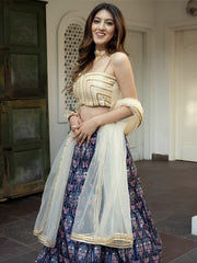 Navy Blue Floral Printed Lehenga Choli with Dupatta