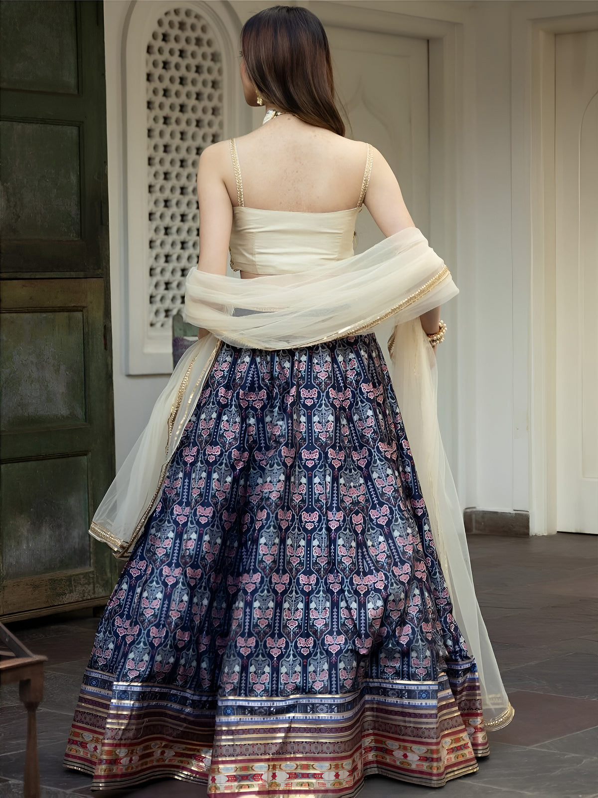 Navy Blue Floral Printed Lehenga Choli with Dupatta