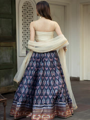 Navy Blue Floral Printed Lehenga Choli with Dupatta
