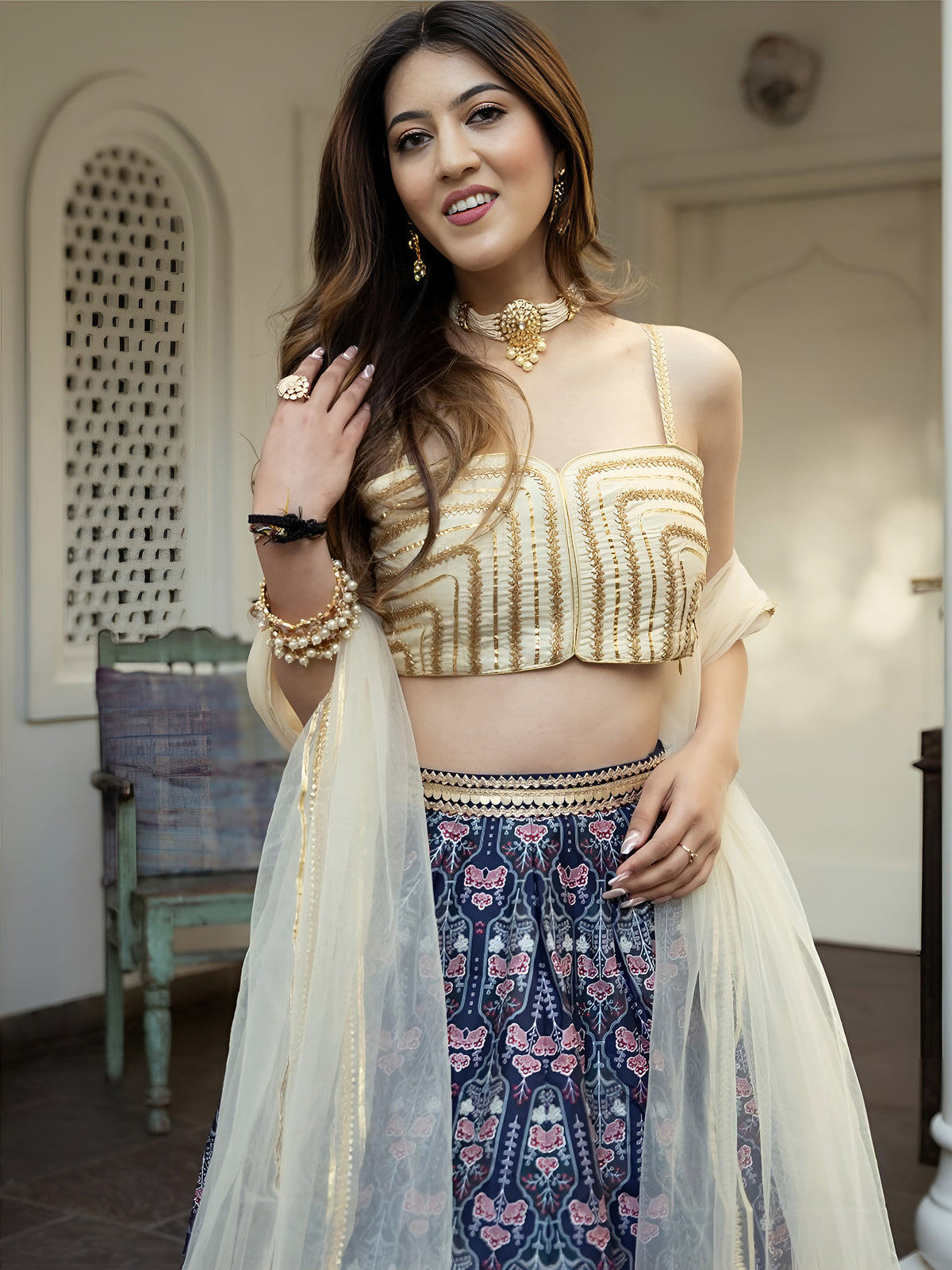 Navy Blue Floral Printed Lehenga Choli with Dupatta