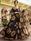 Black Floral Printed Lehenga Choli with Golden Border – Festive Wear