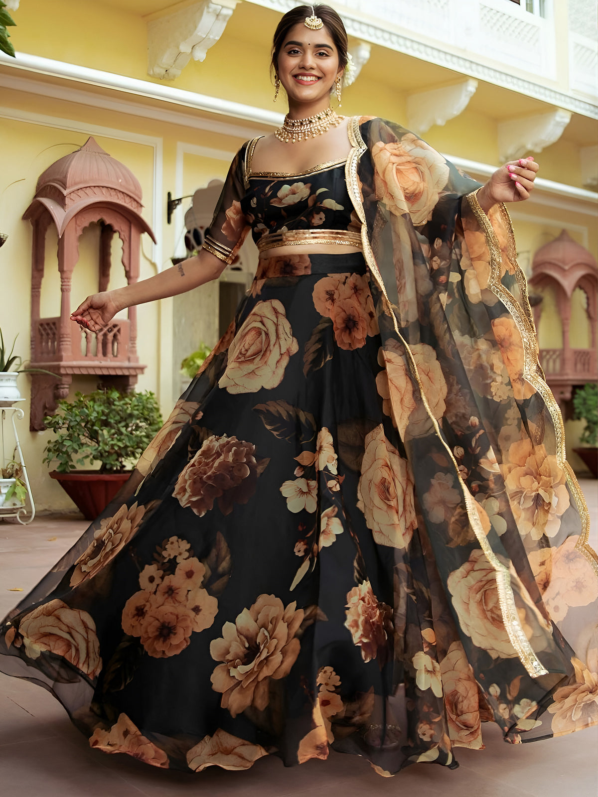 Black Floral Printed Lehenga Choli with Golden Border – Festive Wear