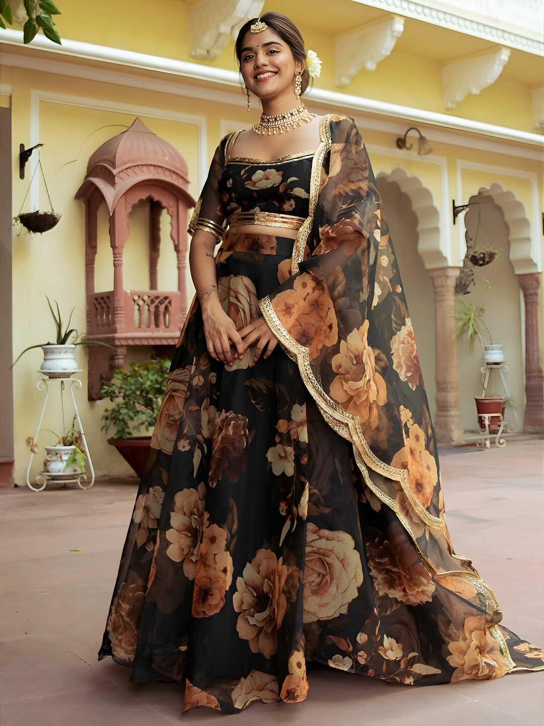 Black Floral Printed Lehenga Choli with Golden Border – Festive Wear
