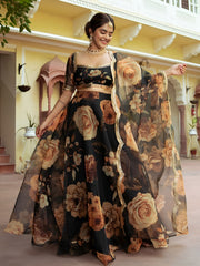 Black Floral Printed Lehenga Choli with Golden Border – Festive Wear
