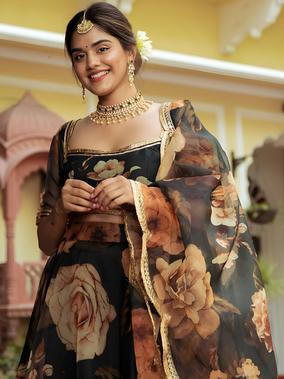 Black Floral Printed Lehenga Choli with Golden Border – Festive Wear