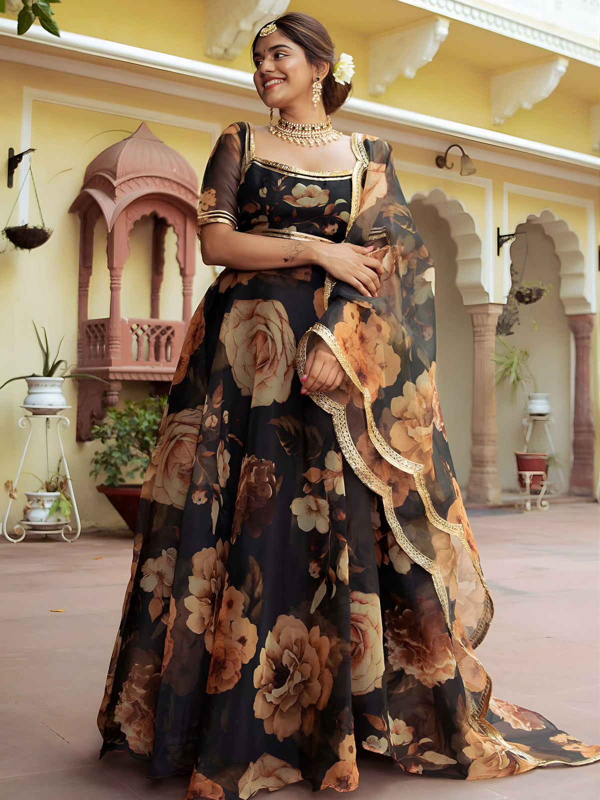 Black Floral Printed Lehenga Choli with Golden Border – Festive Wear