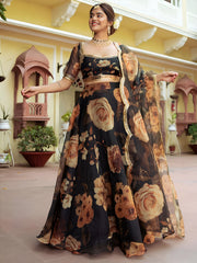 Black Floral Printed Lehenga Choli with Golden Border – Festive Wear