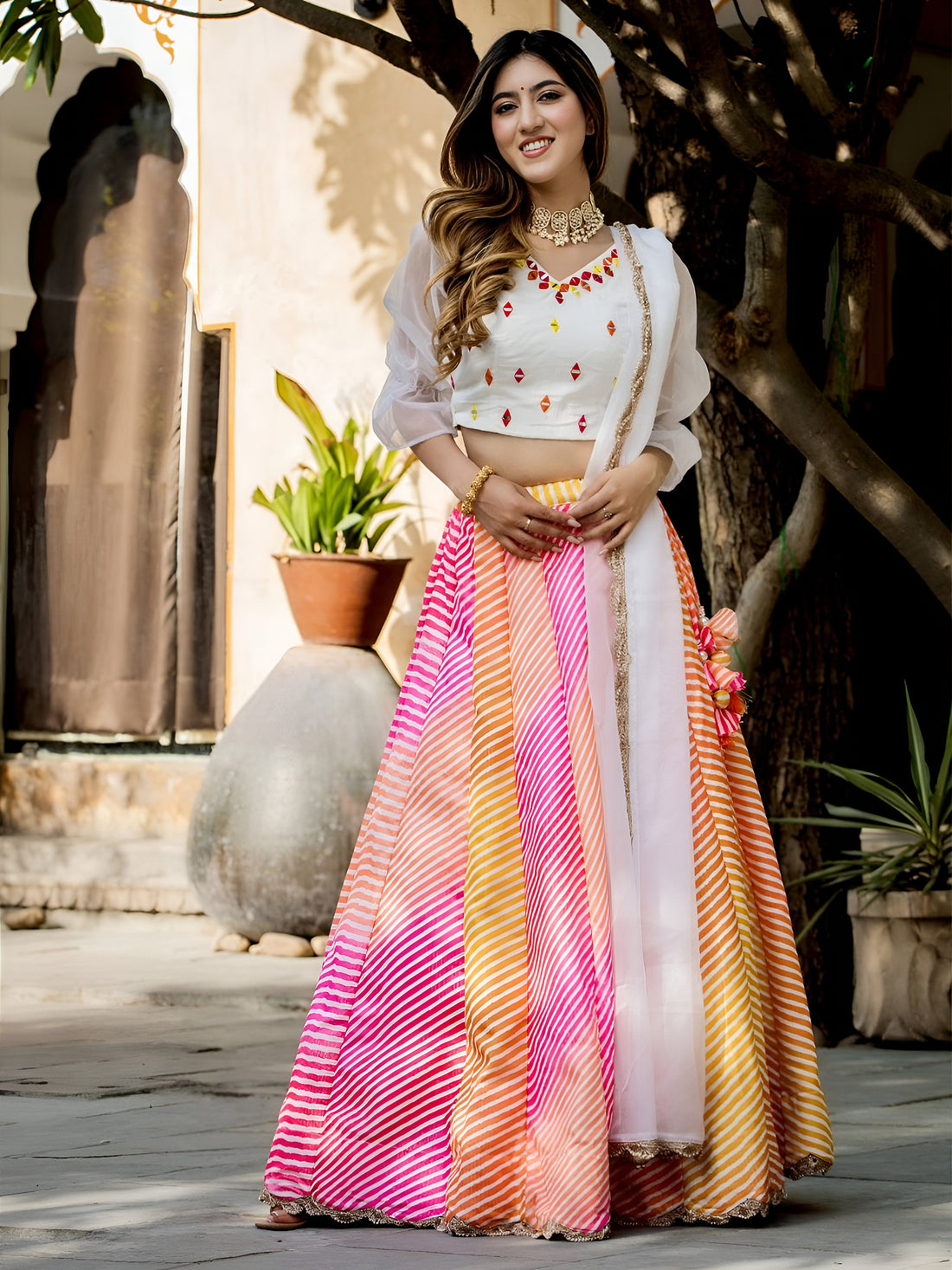 Multicolor Leheriya Lehenga Choli with White Dupatta – Festive Ethnic Wear