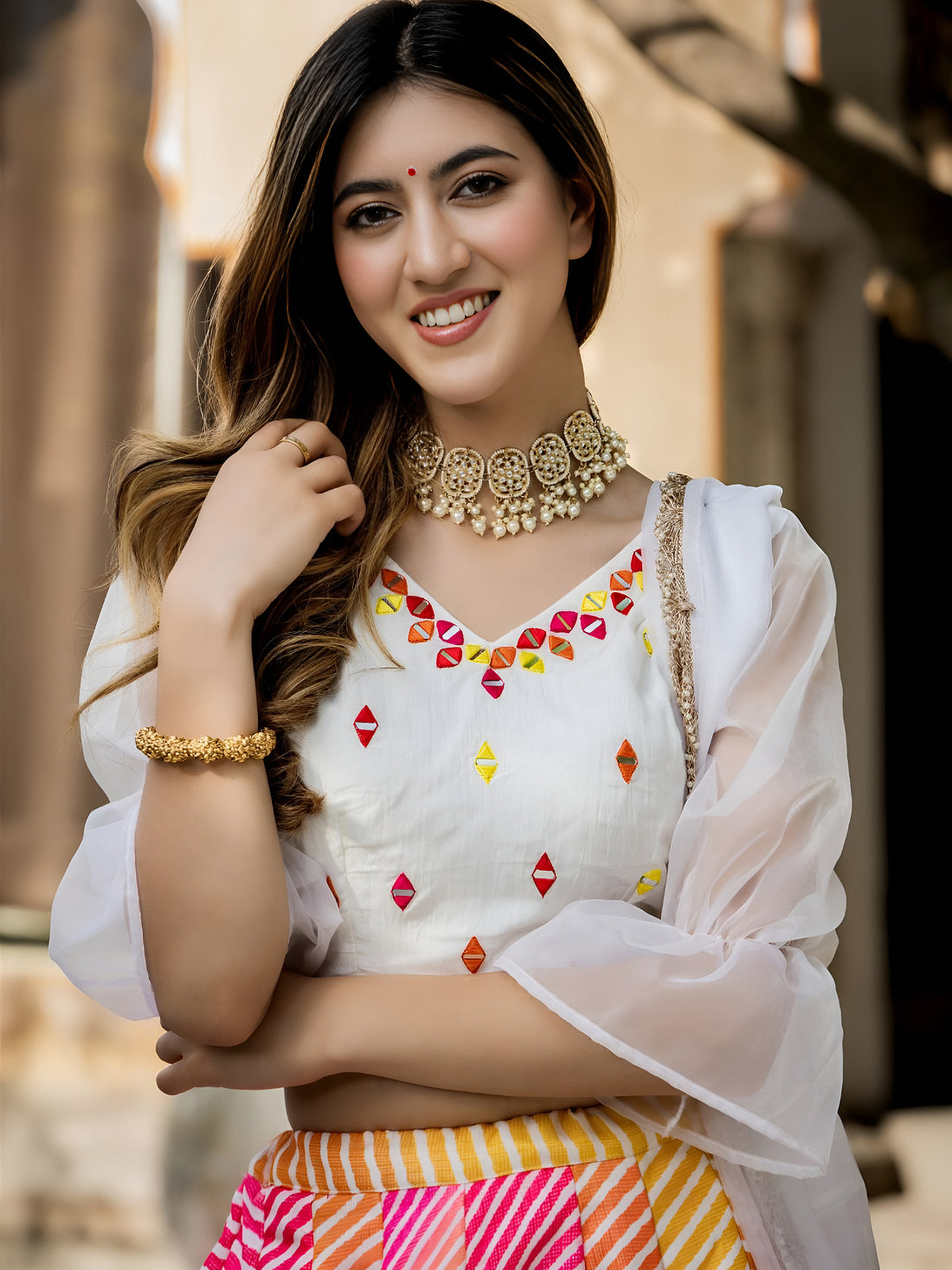 Multicolor Leheriya Lehenga Choli with White Dupatta – Festive Ethnic Wear
