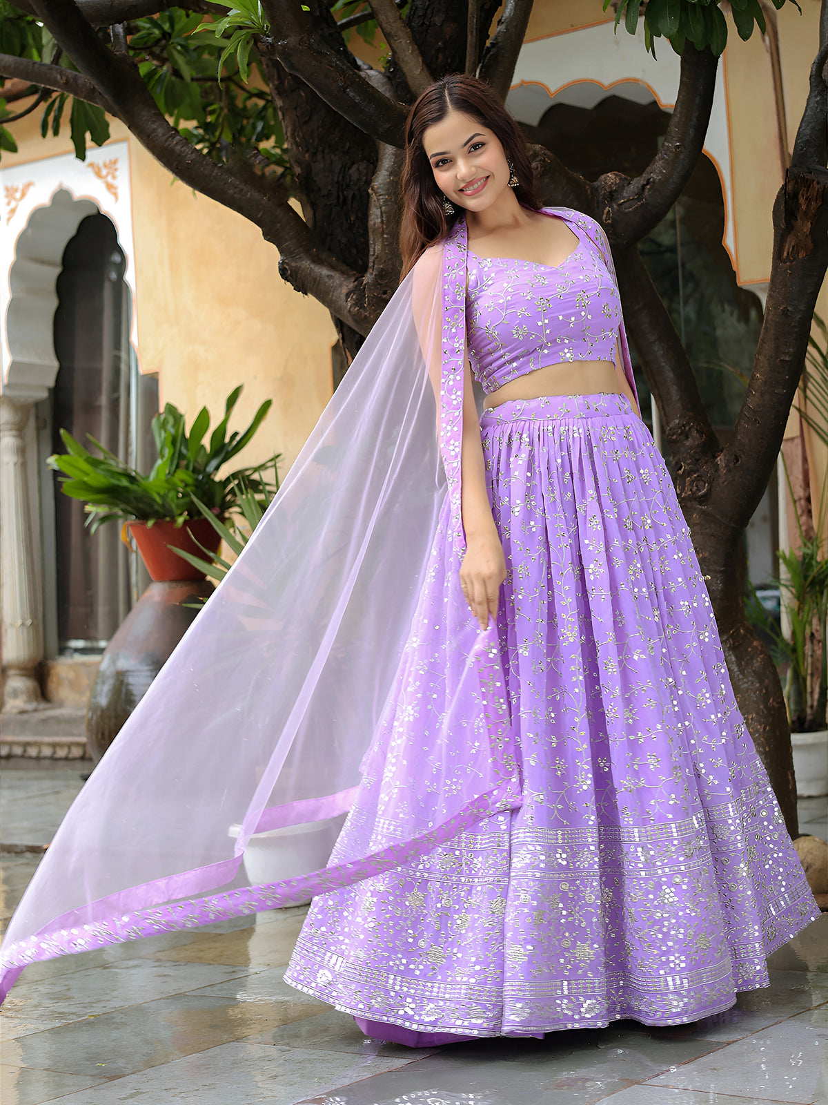 Lavender Floral Embroidered Lehenga Choli with Matching Net Dupatta