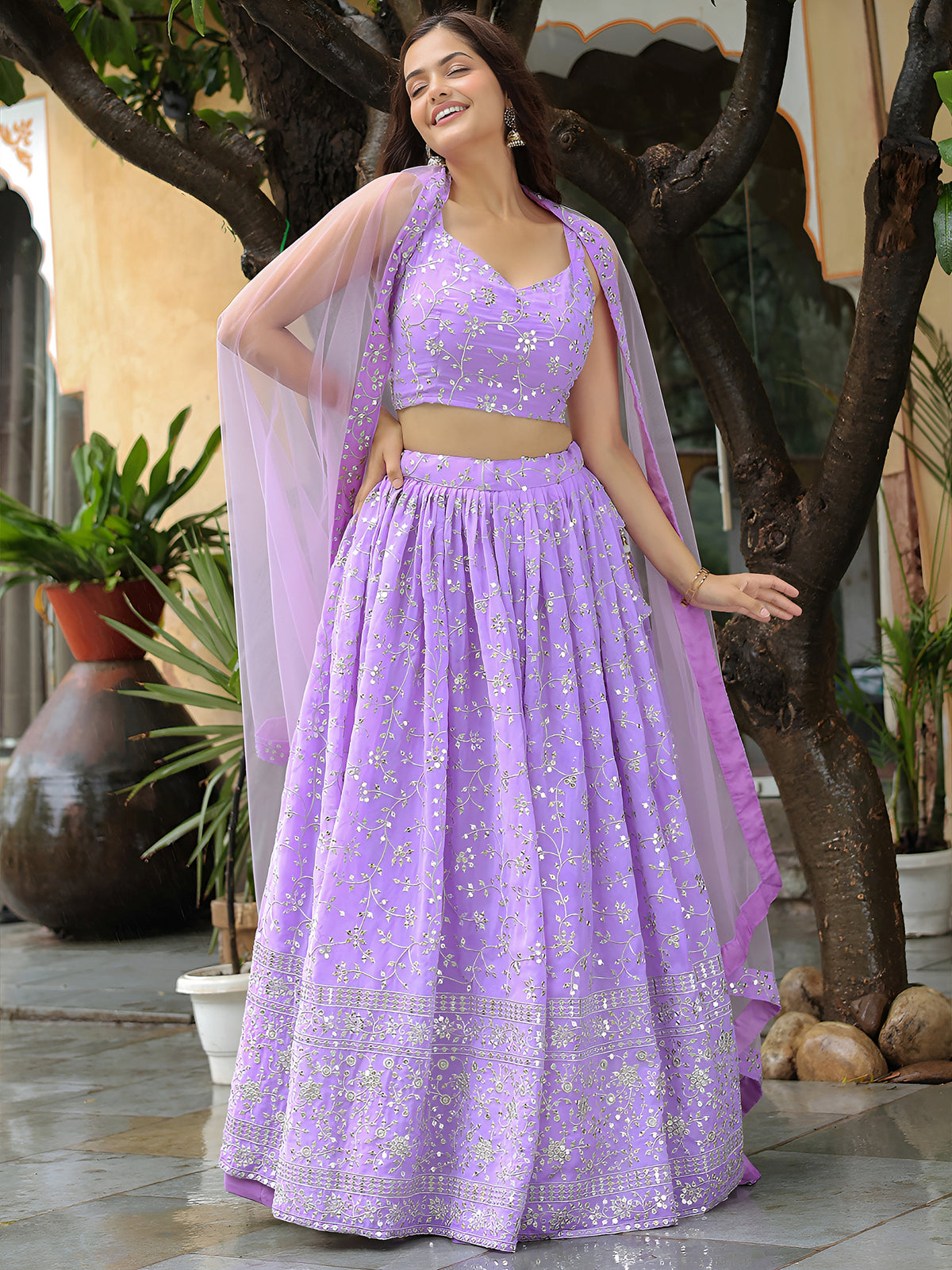 Lavender Floral Embroidered Lehenga Choli with Matching Net Dupatta