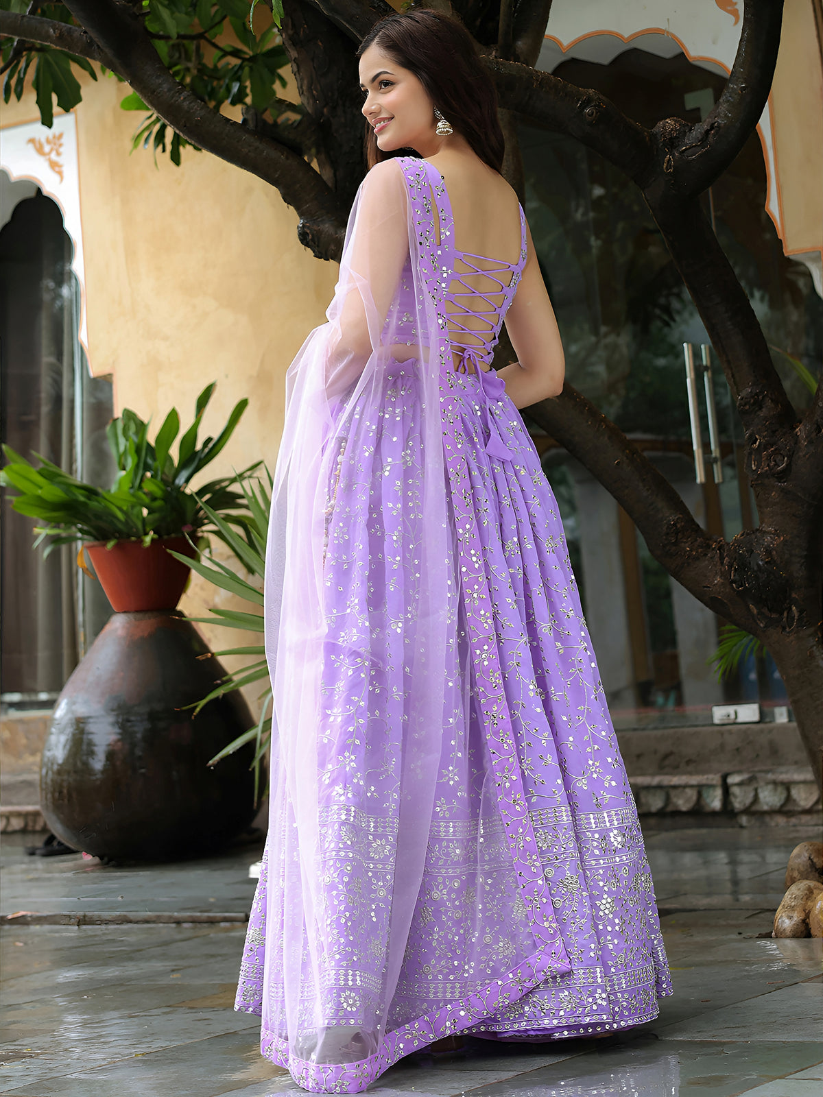 Lavender Floral Embroidered Lehenga Choli with Matching Net Dupatta