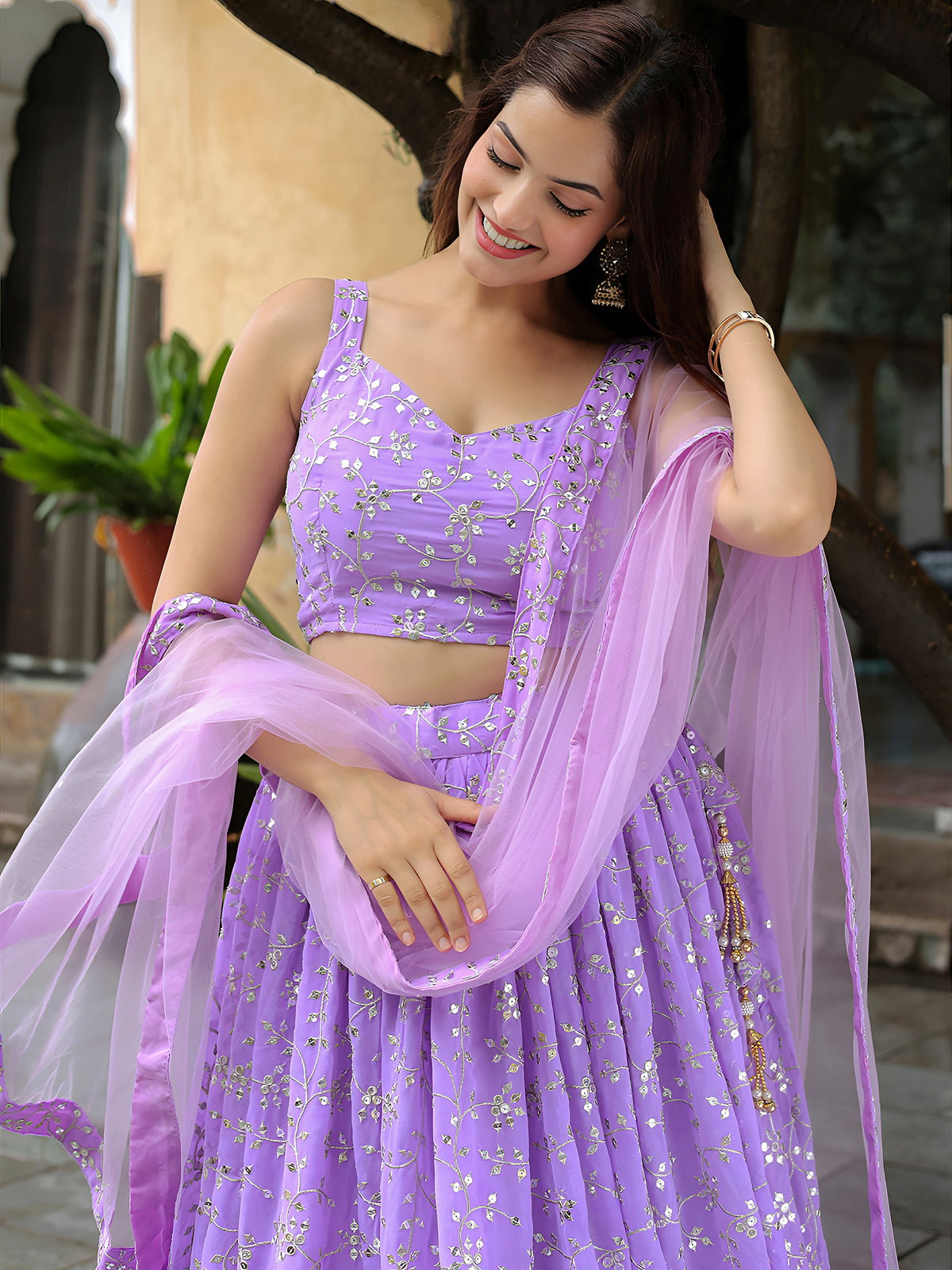 Lavender Floral Embroidered Lehenga Choli with Matching Net Dupatta