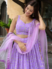 Lavender Floral Embroidered Lehenga Choli with Matching Net Dupatta