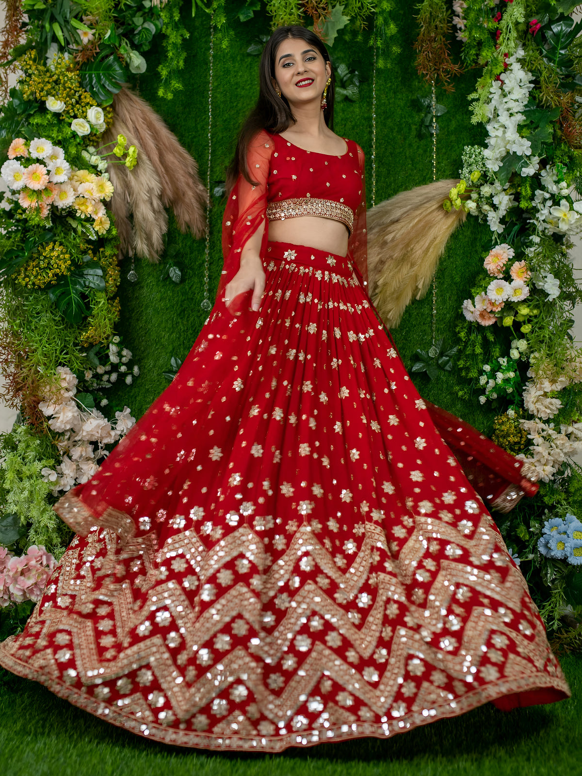 Red Bridal Lehenga Choli with Gold Embroidery