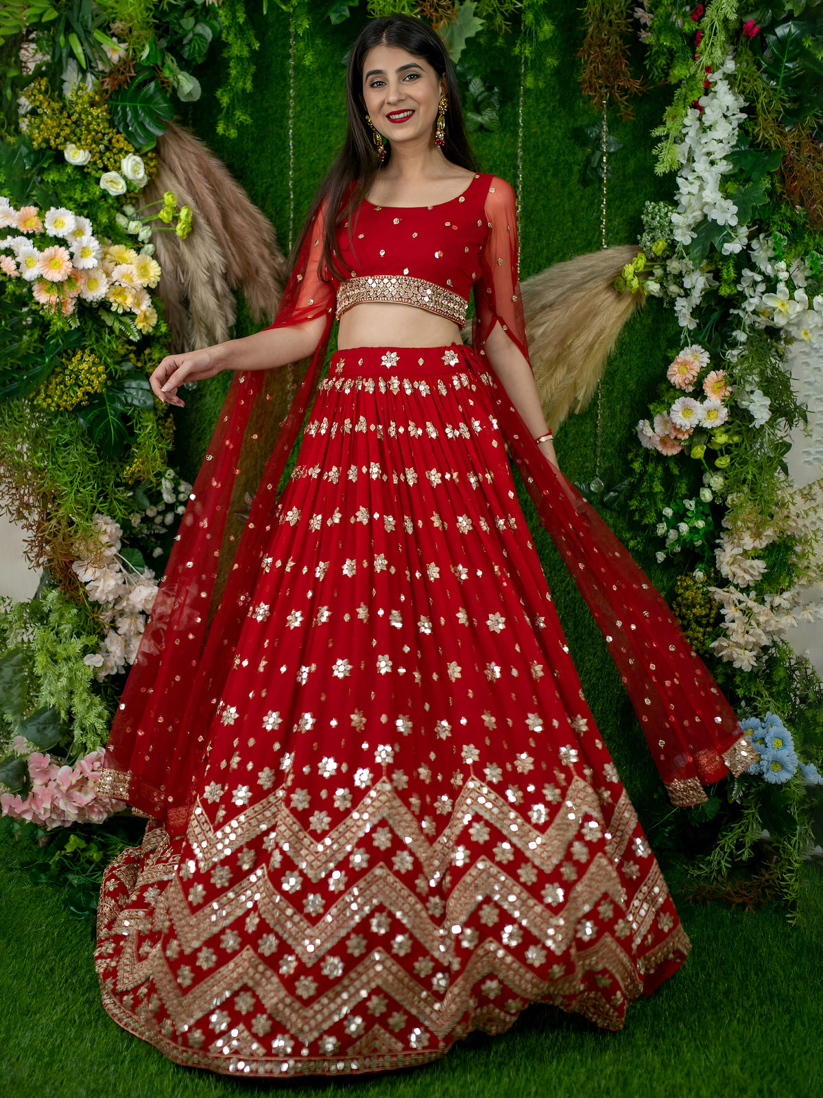Red Bridal Lehenga Choli with Gold Embroidery