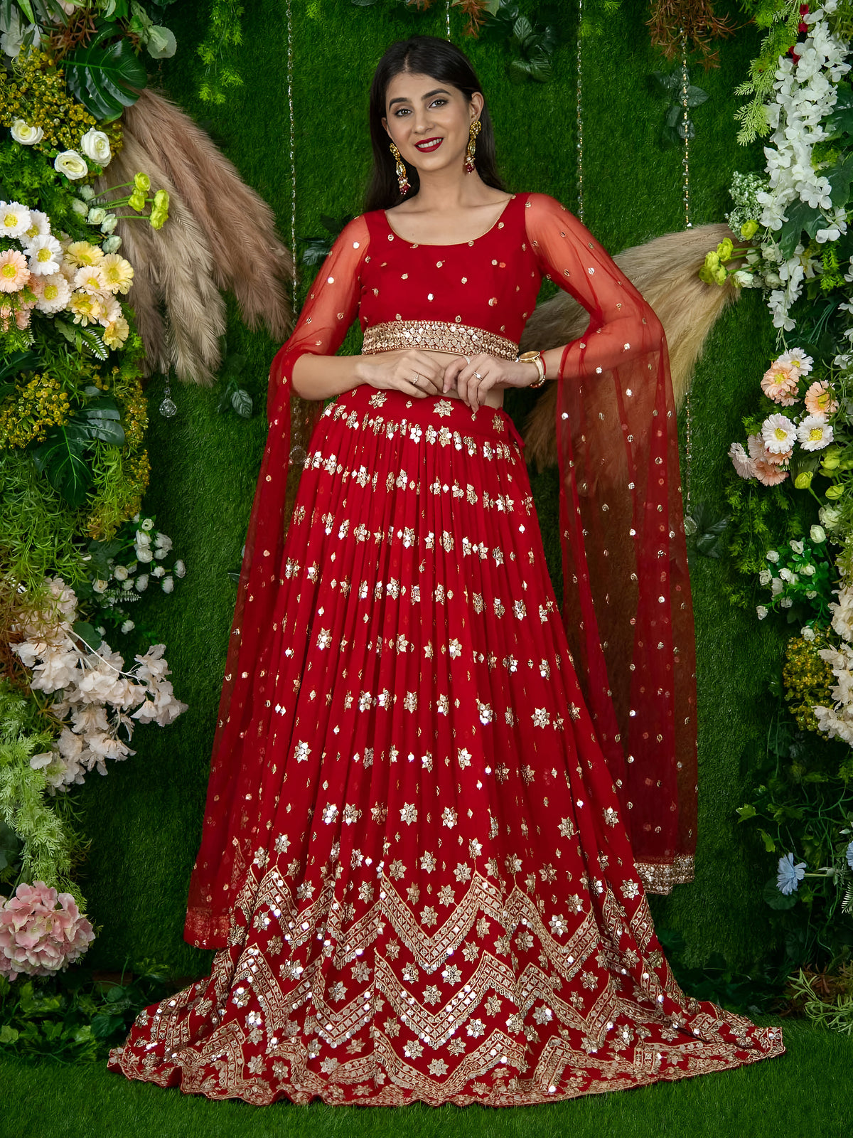 Red Bridal Lehenga Choli with Gold Embroidery