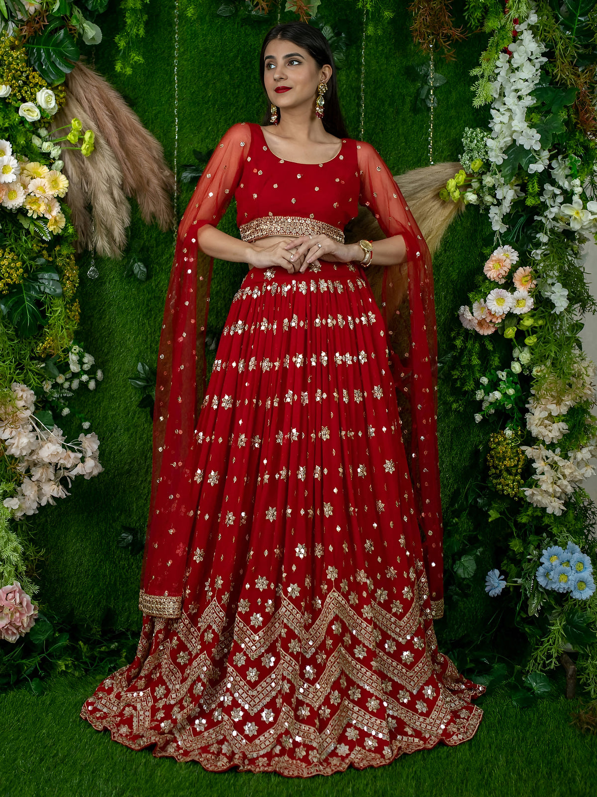 Red Bridal Lehenga Choli with Gold Embroidery