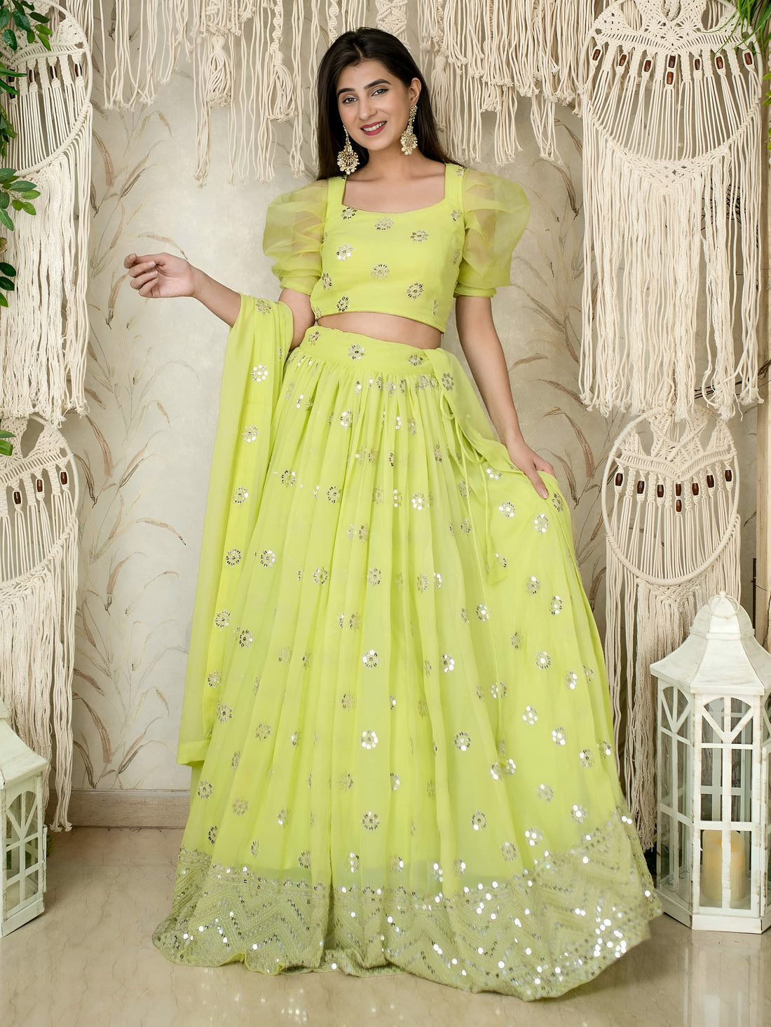 NEON Green Sequin Lehenga Choli with Puff Sleeves