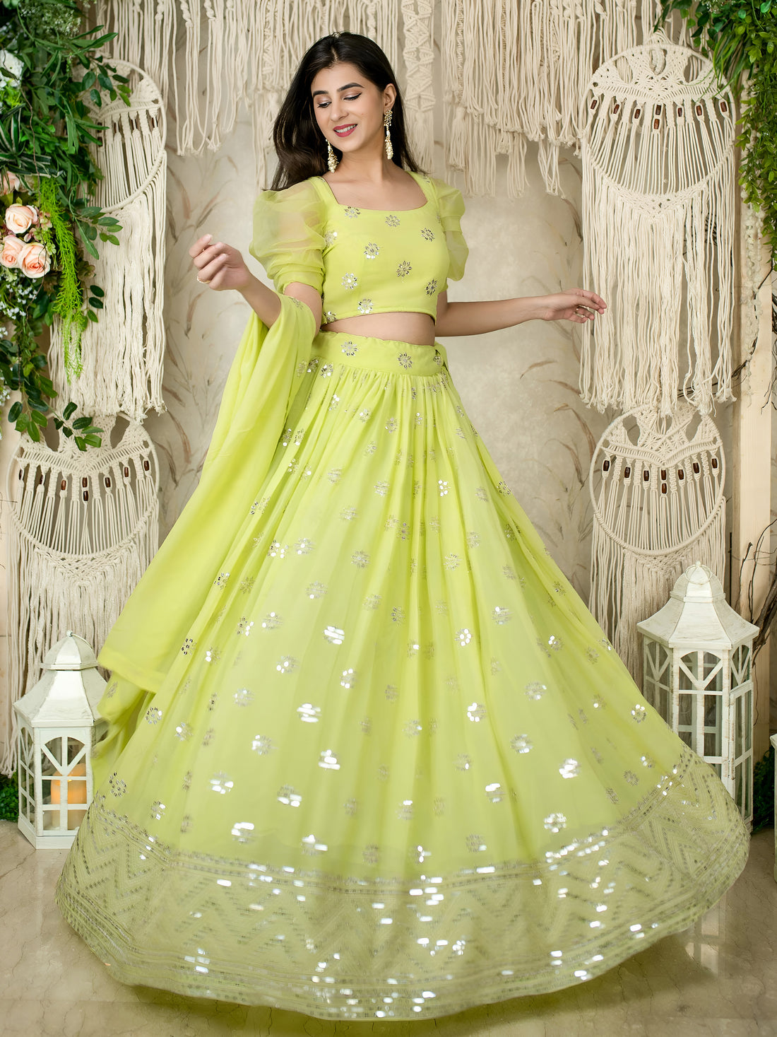 NEON Green Sequin Lehenga Choli with Puff Sleeves