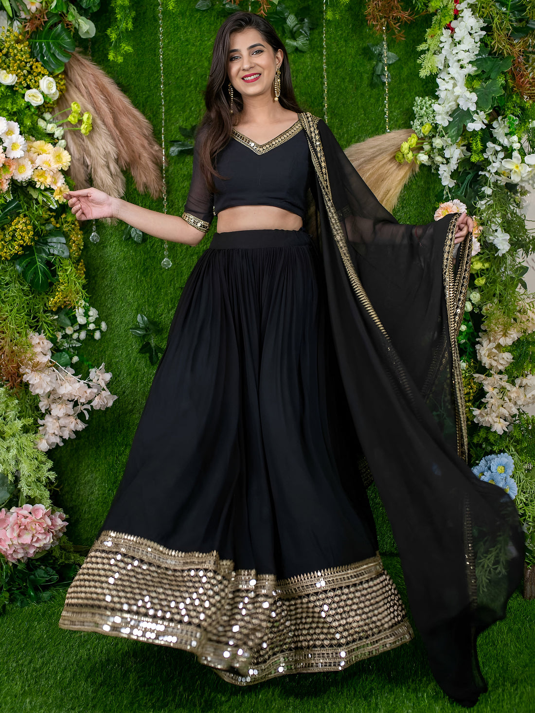 Black Lehenga Choli with Golden Mirror Work Border
