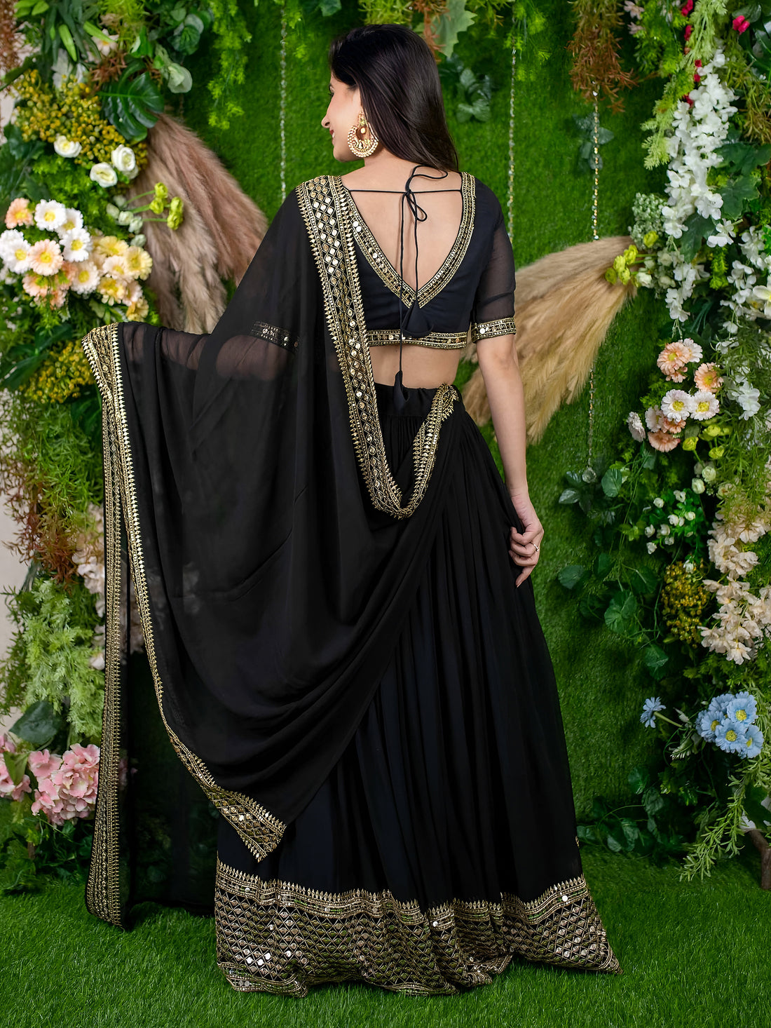 Black Lehenga Choli with Golden Mirror Work Border