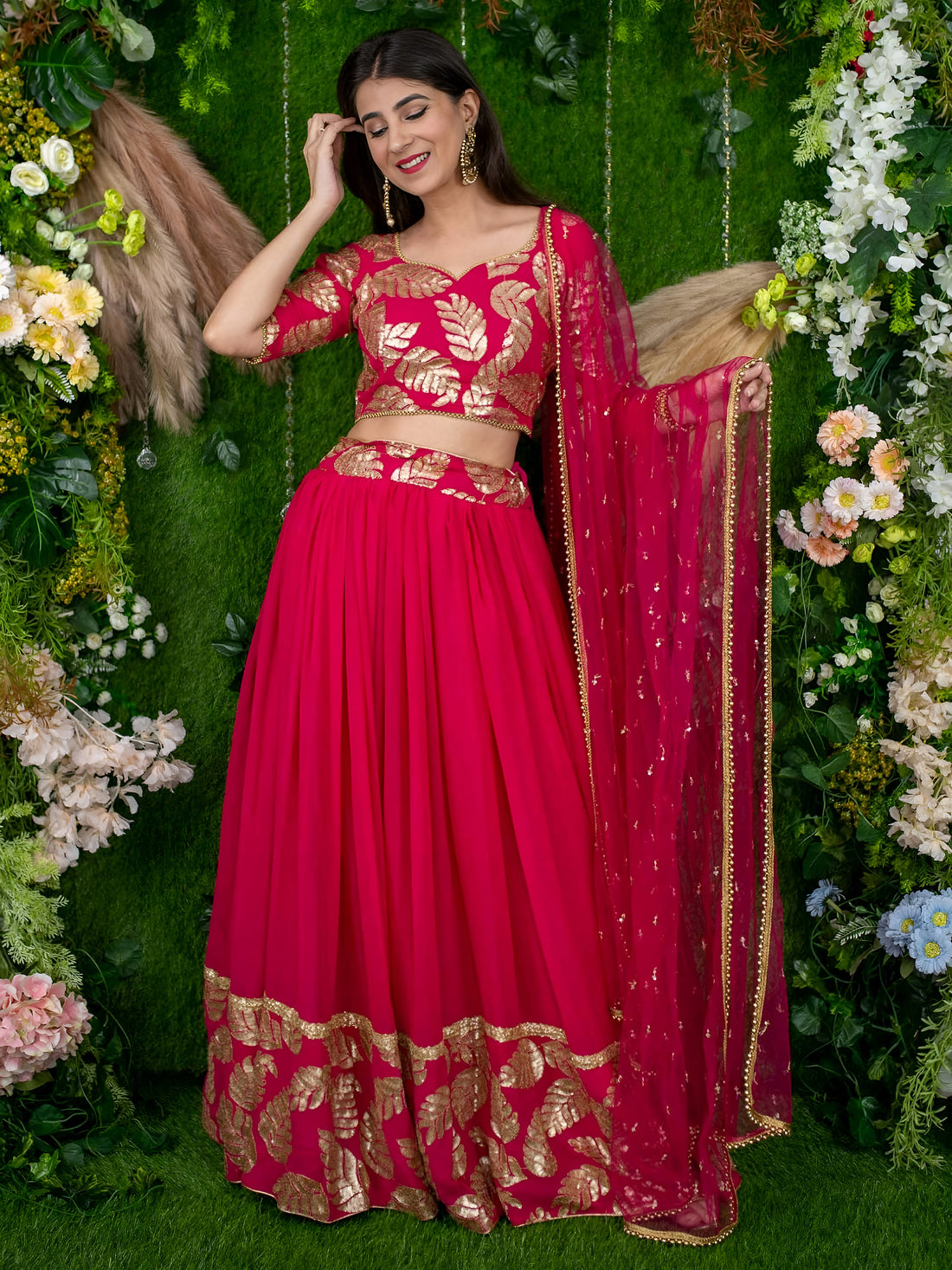 Hot Pink Floral Embroidered Lehenga Choli with Dupatta