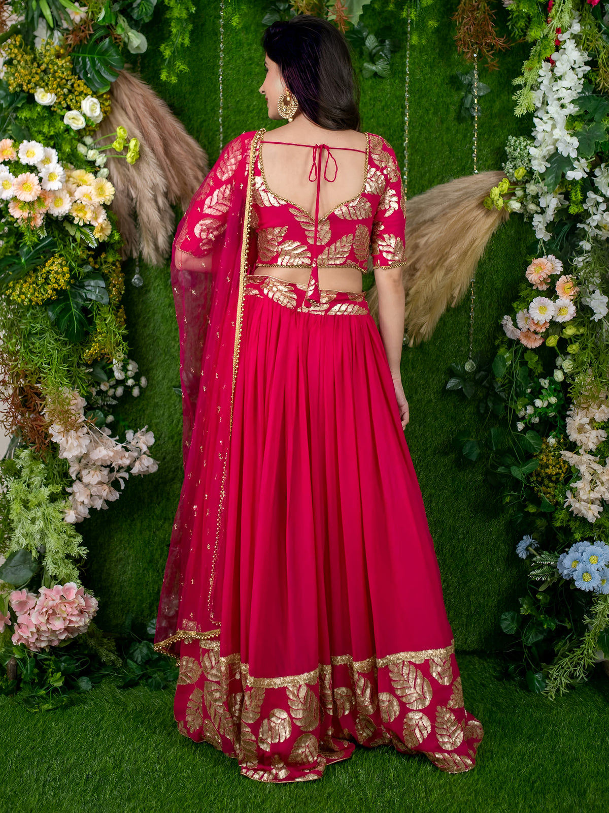Hot Pink Floral Embroidered Lehenga Choli with Dupatta