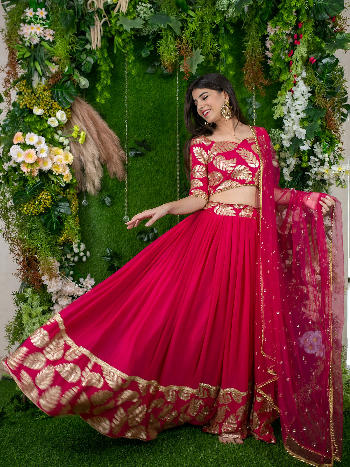 Hot Pink Floral Embroidered Lehenga Choli with Dupatta
