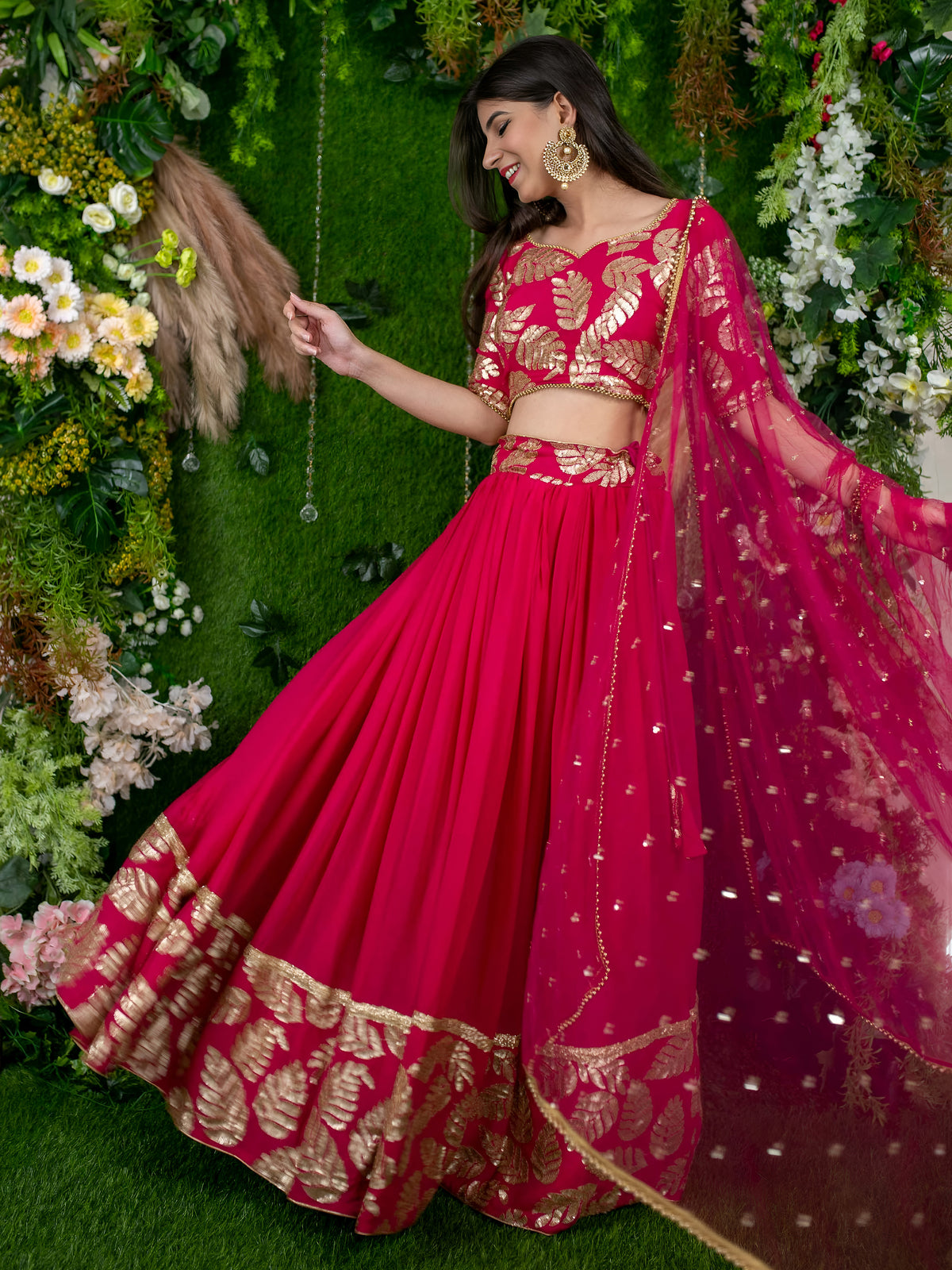 Hot Pink Floral Embroidered Lehenga Choli with Dupatta