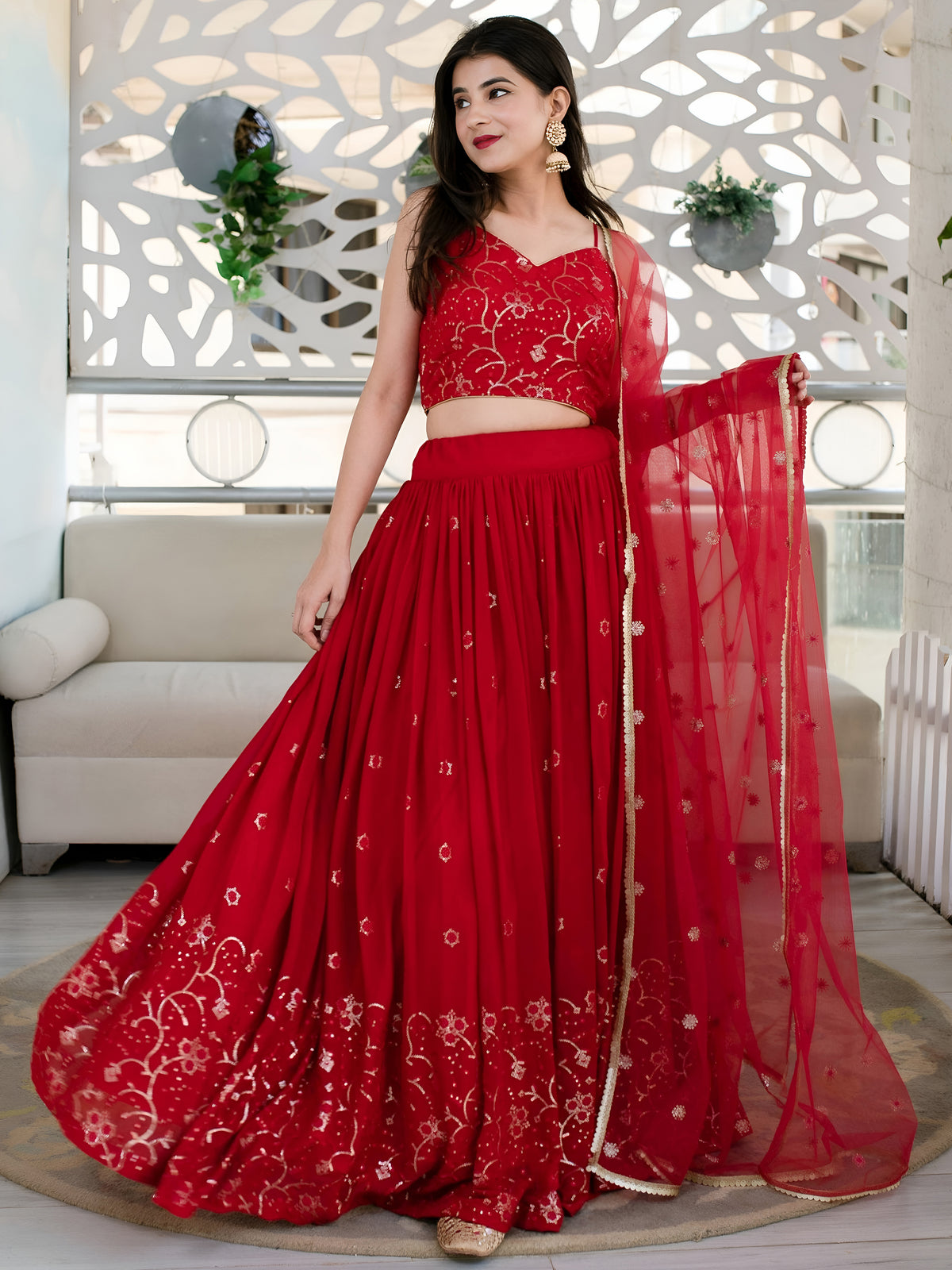 Red Embroidered Lehenga Choli with Sheer Dupatta