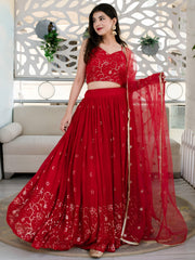 Red Embroidered Lehenga Choli with Sheer Dupatta