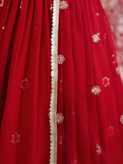 Red Embroidered Lehenga Choli with Sheer Dupatta