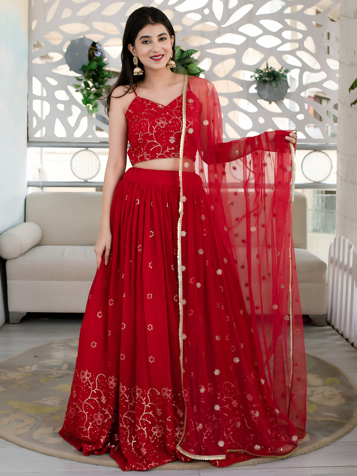 Red Embroidered Lehenga Choli with Sheer Dupatta