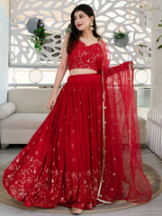 Red Embroidered Lehenga Choli with Sheer Dupatta