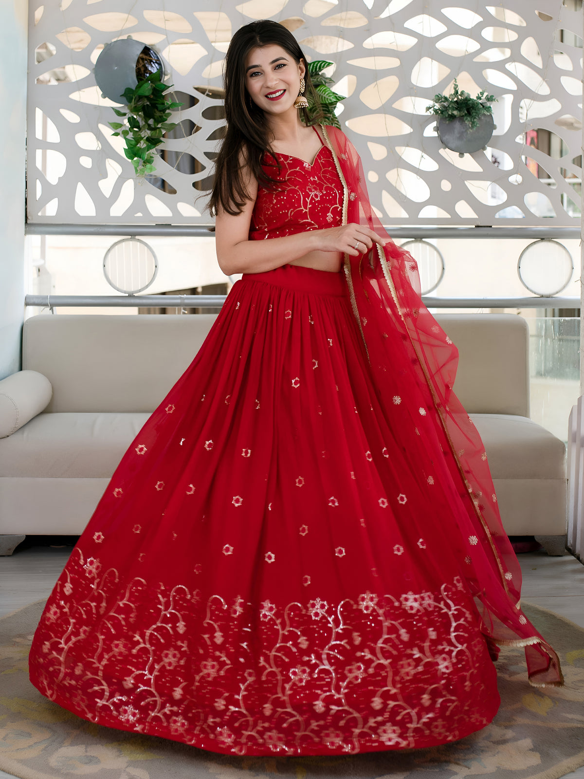 Red Embroidered Lehenga Choli with Sheer Dupatta