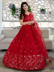 Red Embroidered Lehenga Choli with Sheer Dupatta