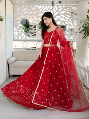 Red Embroidered Lehenga Choli with Sheer Dupatta