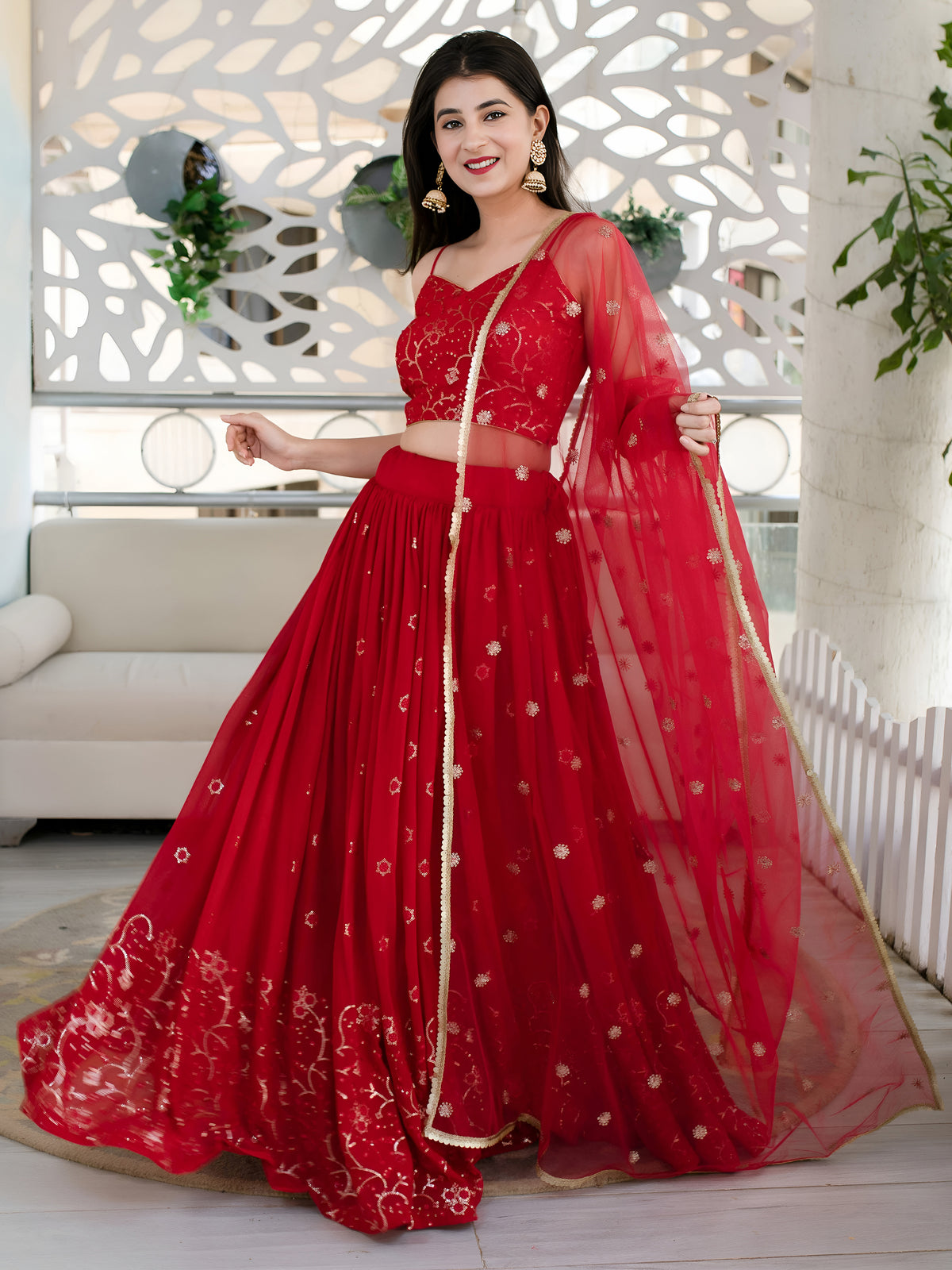 Red Embroidered Lehenga Choli with Sheer Dupatta