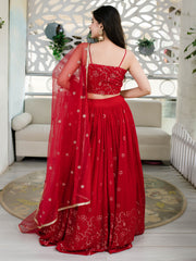 Red Embroidered Lehenga Choli with Sheer Dupatta