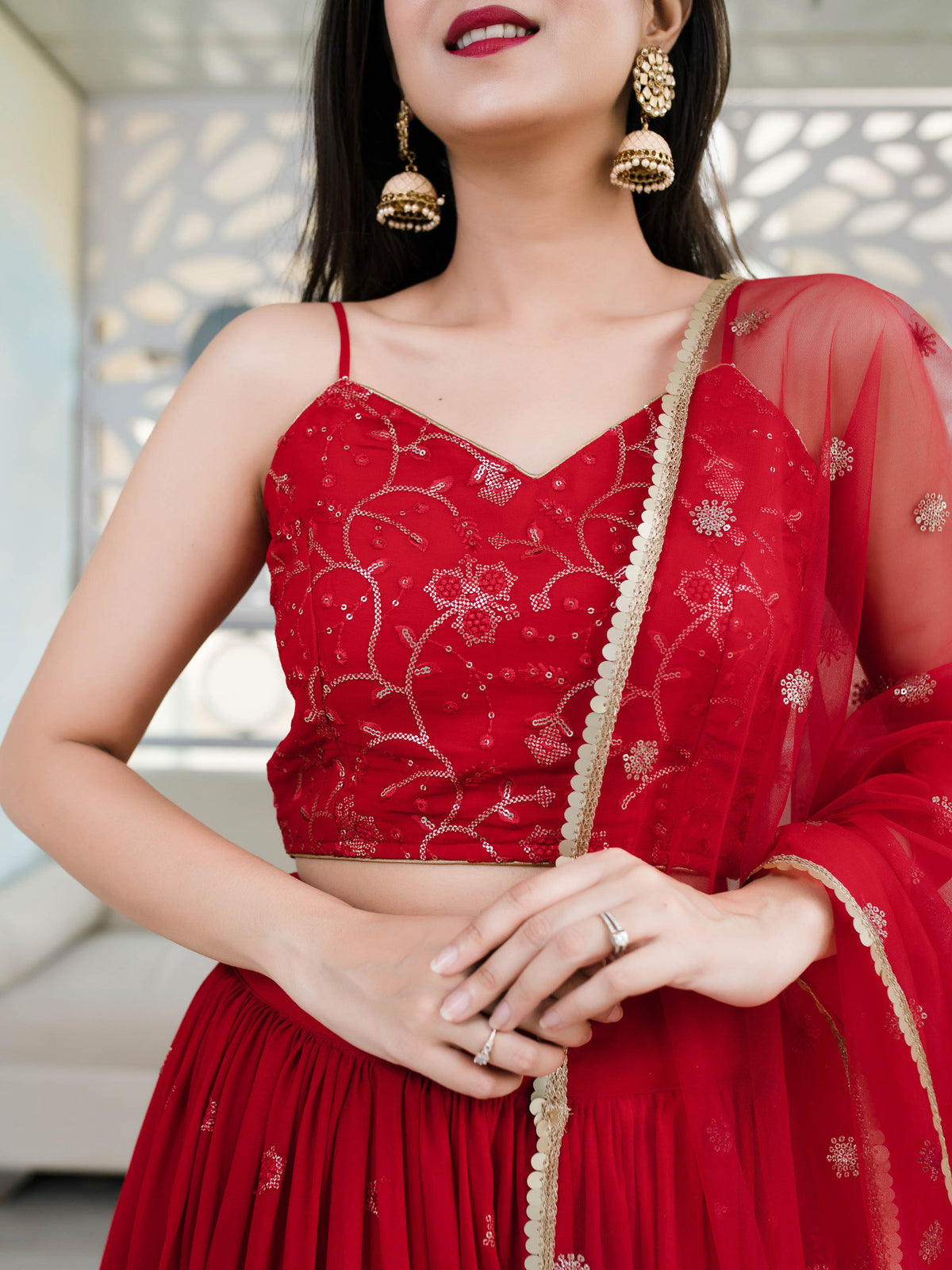 Red Embroidered Lehenga Choli with Sheer Dupatta