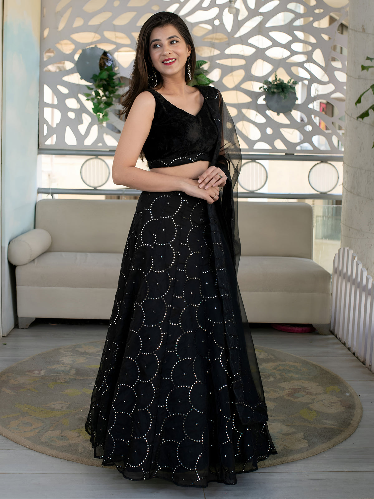 Black Embellished Lehenga Choli with Sheer Dupatta