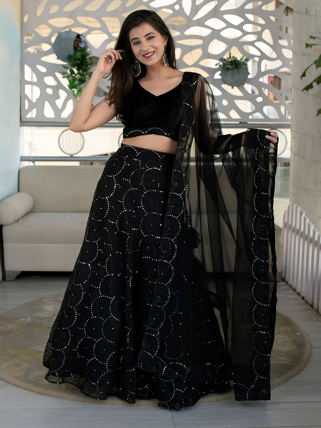 Black Embellished Lehenga Choli with Sheer Dupatta