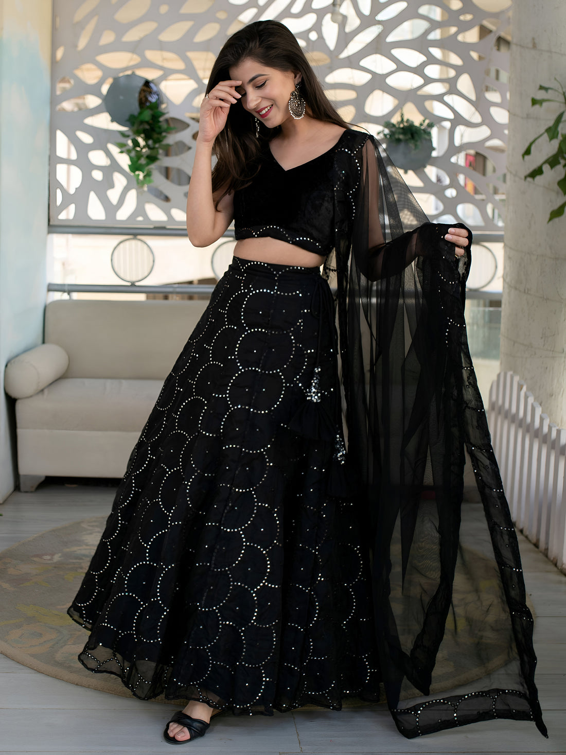 Black Embellished Lehenga Choli with Sheer Dupatta
