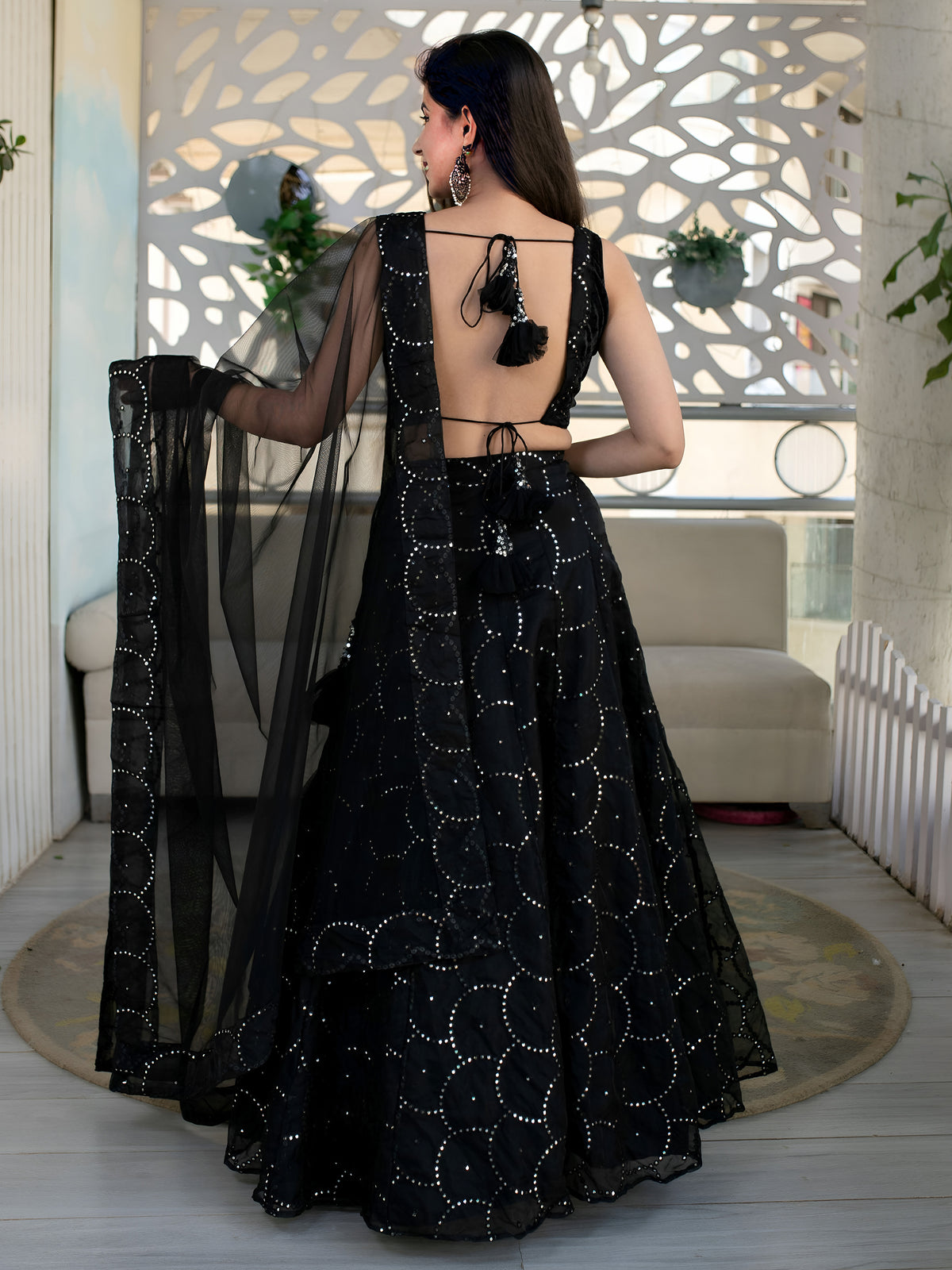 Black Embellished Lehenga Choli with Sheer Dupatta