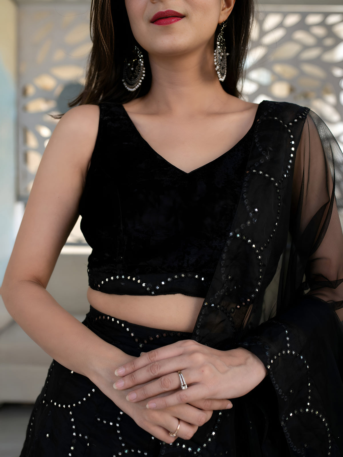 Black Embellished Lehenga Choli with Sheer Dupatta