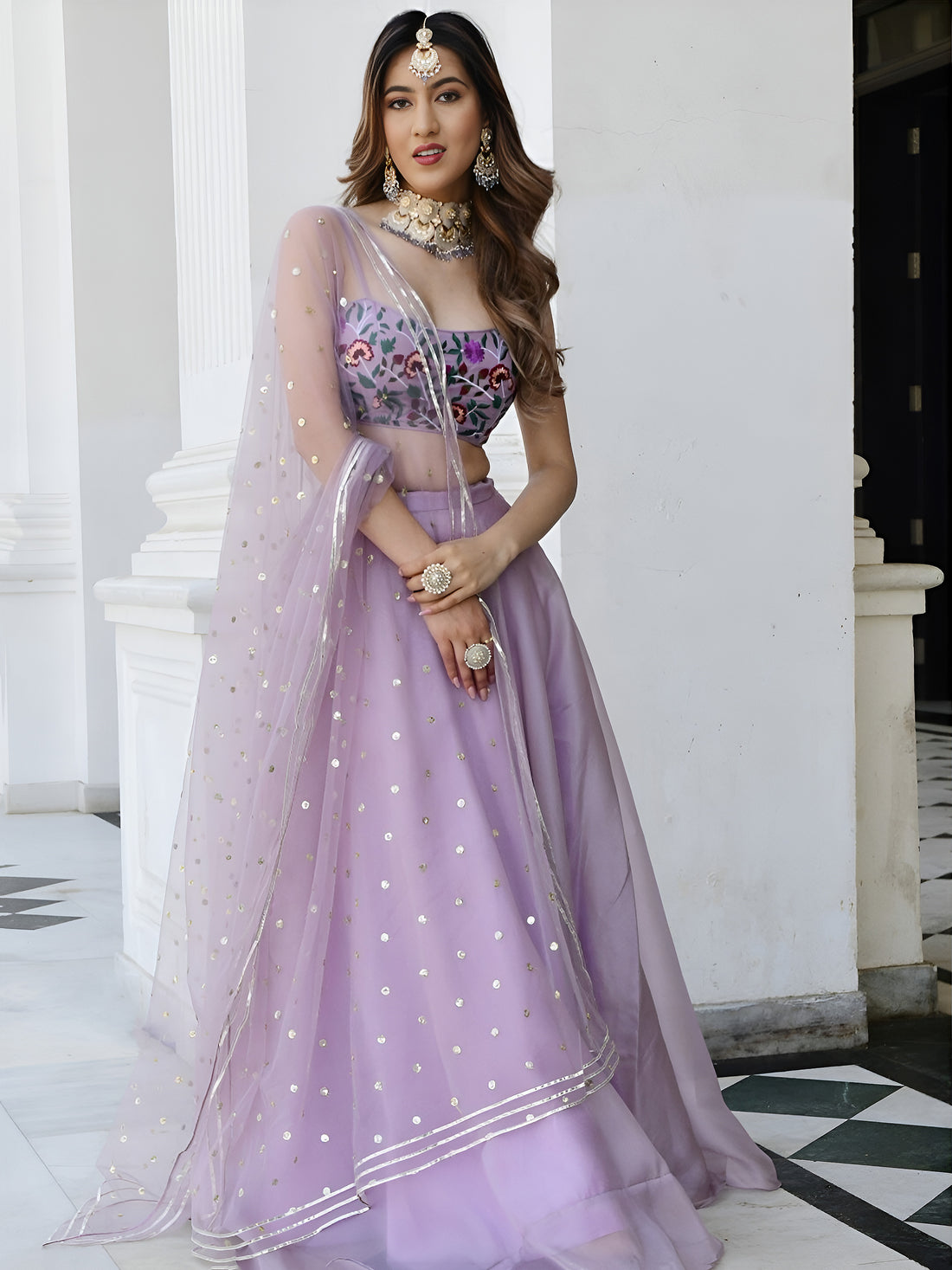 Lavender Georgette Lehenga Choli with Floral Embroidered Blouse & Dupatta