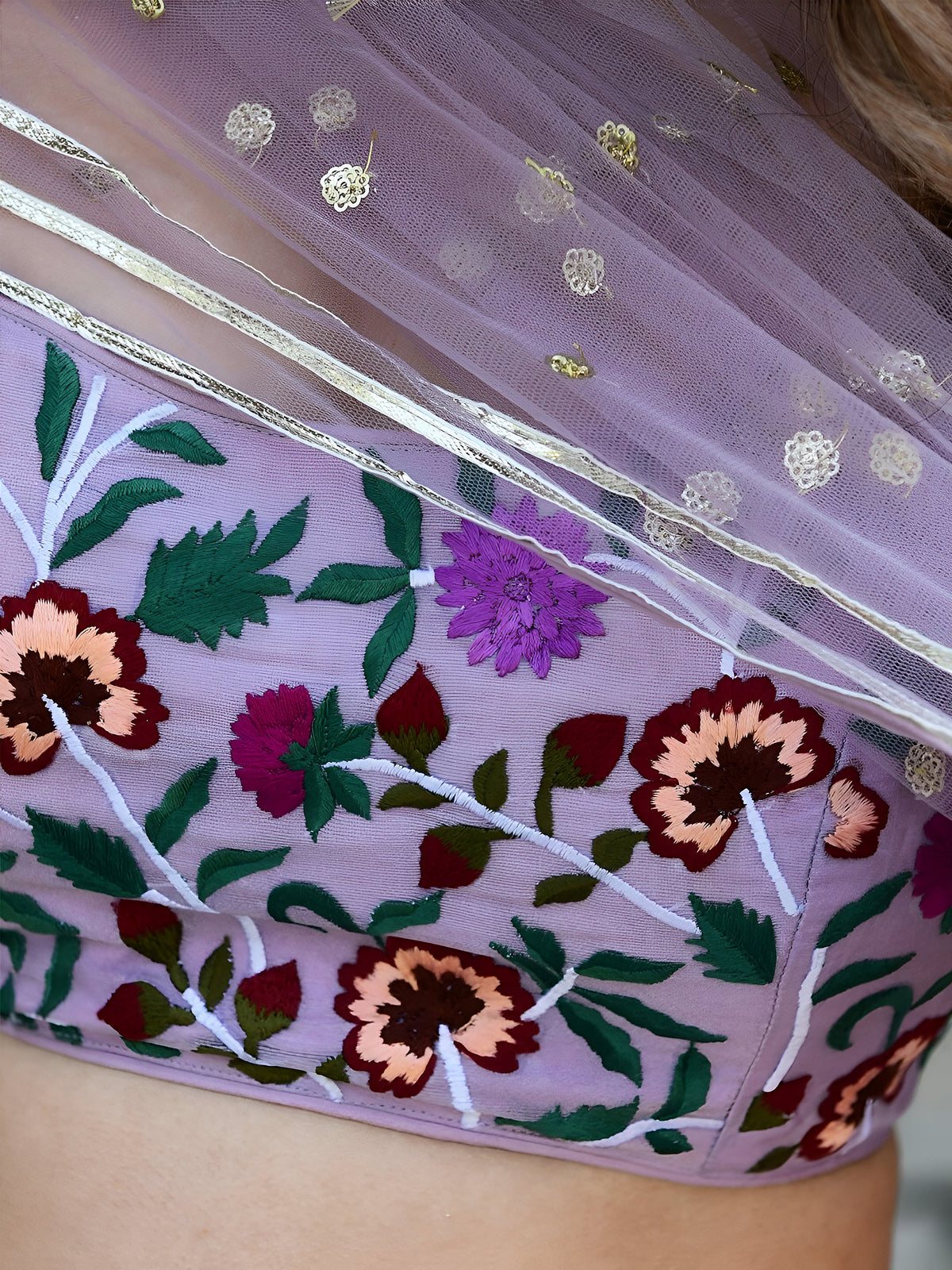 Lavender Georgette Lehenga Choli with Floral Embroidered Blouse & Dupatta
