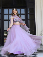 Lavender Georgette Lehenga Choli with Floral Embroidered Blouse & Dupatta